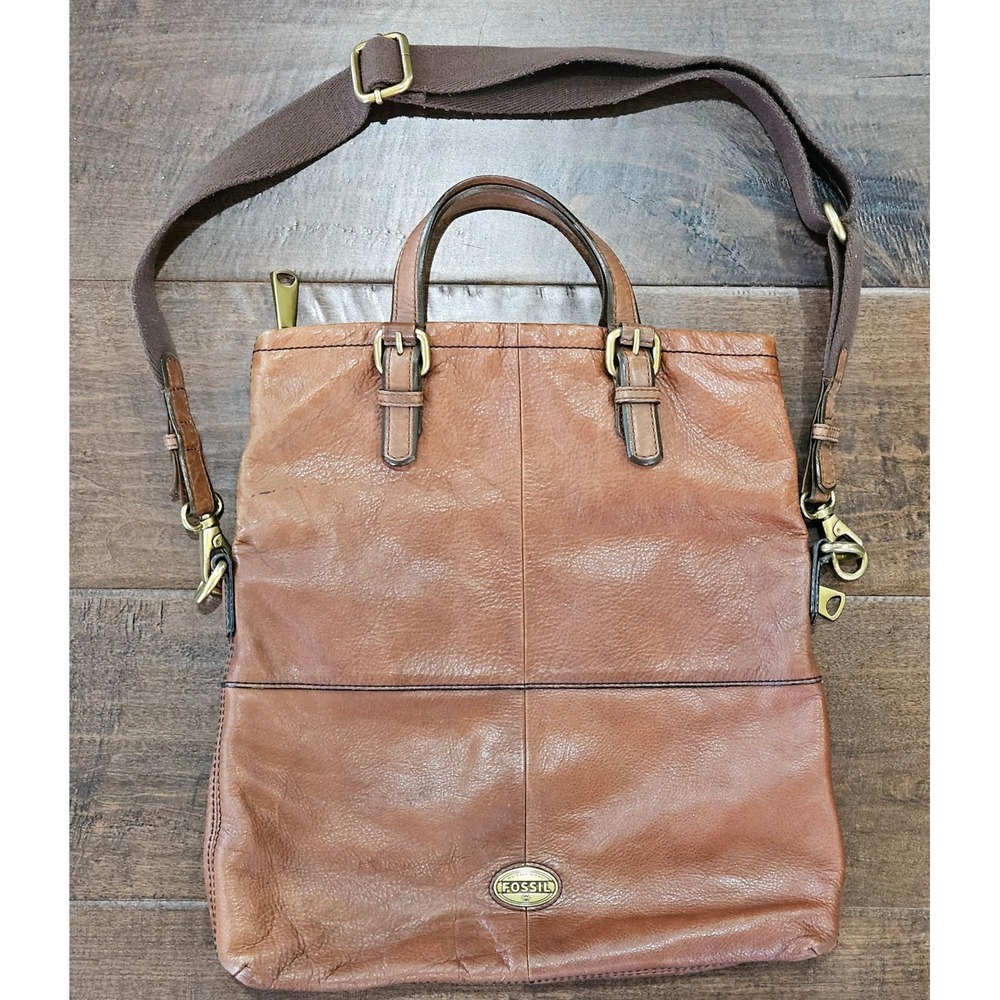 VTG Fossil‎ Brown Leather Foldover Crossbody Bag Messenger Tote Brass Hardware